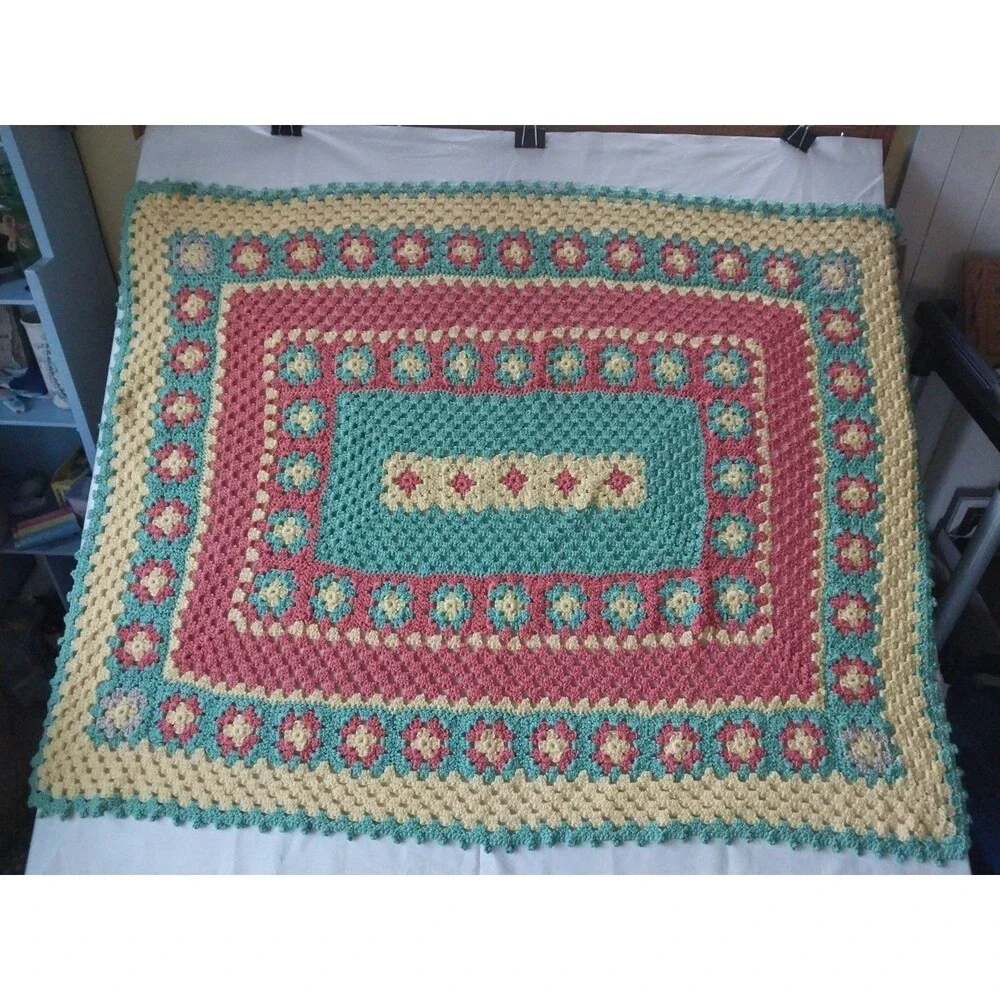 Handmade Crochet Knit Granny Afghan Throw Blanket Farmhouse Country 60x44